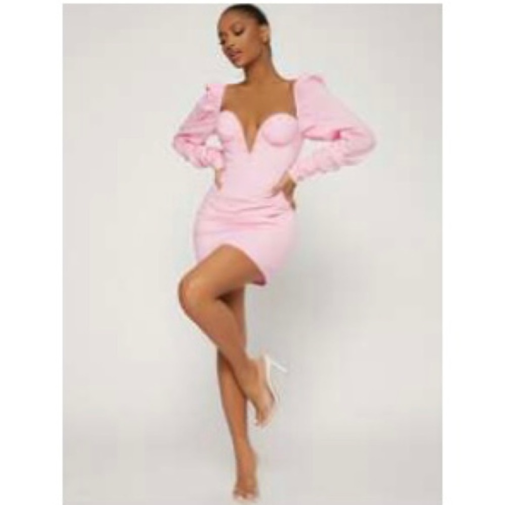 New Notch Neck Ruched Gigot Sleeve Solid Dress